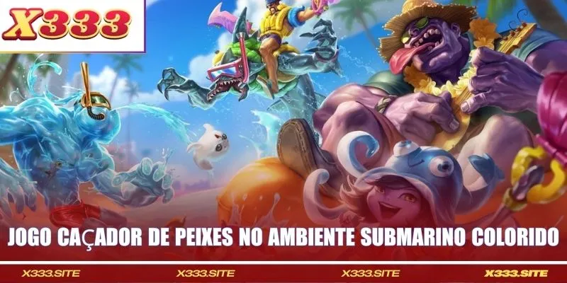 Jogo caçador de peixes no ambiente submarino colorido